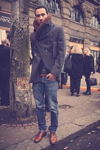 Fur Collar Coat Outfits For Men: This pairing of a fur collar coat and navy jeans looks elegant, but in a fresh kind of way. Perk up your look by slipping into brown leather derby shoes.