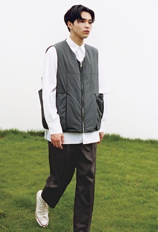 Men's Charcoal Gilet, White Long Sleeve Shirt, Dark Brown Chinos, White Canvas High Top Sneakers