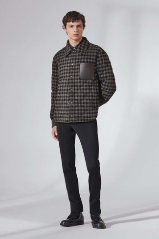 Men's Charcoal Gingham Shirt Jacket, Black Chinos, Black Leather Work Boots