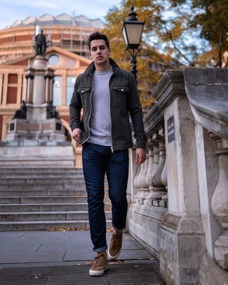 Brown Suede Low Top Sneakers Outfits For Men: A charcoal harrington jacket and navy jeans matched together are a perfect match. This ensemble is rounded off nicely with a pair of brown suede low top sneakers.