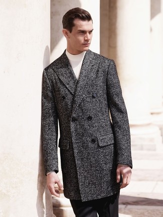 Grey Herringbone Wool Button Front Overcoat