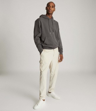 Men's Charcoal Hoodie, Beige Corduroy Chinos, White Leather Low Top Sneakers