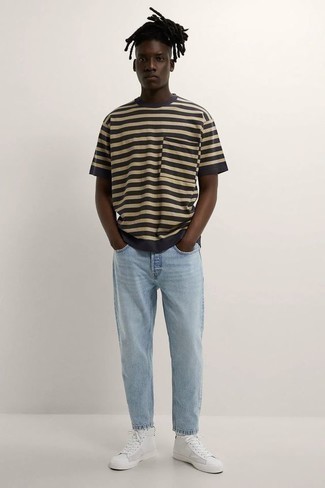 Men's Charcoal Horizontal Striped Crew-neck T-shirt, Light Blue Jeans, White Leather High Top Sneakers
