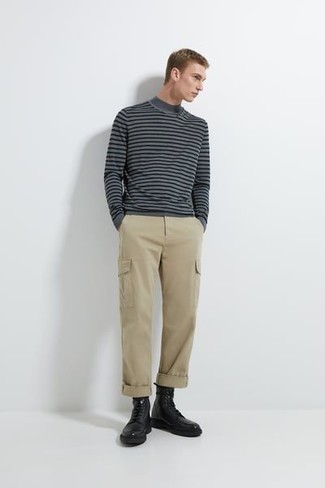 Grey Horizontal Striped Turtleneck Outfits For Men: Marry a grey horizontal striped turtleneck with beige cargo pants for a casual kind of sophistication. Dial down the casualness of your look by finishing with black leather casual boots.