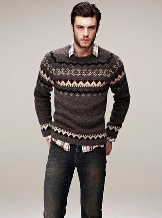 Brown Fair Isle Crew-neck Sweater Outfits For Men: 