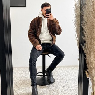 Men's Black Leather Chelsea Boots, Charcoal Ripped Jeans, White Hoodie, Dark Brown Fleece Zip Sweater