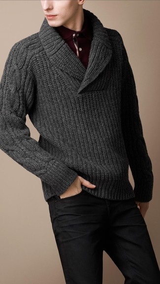 Men's Charcoal Knit Shawl-Neck Sweater, Burgundy Long Sleeve Shirt, Black Jeans