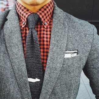 Charcoal Knit Tie Outfits For Men: 