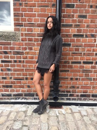 Women's Charcoal Leather Chelsea Boots, Black Lace Shorts, Charcoal Knit Turtleneck