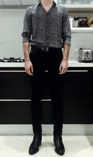 Charcoal Print Long Sleeve Shirt Outfits For Men: You'll be amazed at how easy it is for any gent to get dressed like this. Just a charcoal print long sleeve shirt worn with black jeans. Finishing off with black leather chelsea boots is a simple way to bring a little classiness to this ensemble.