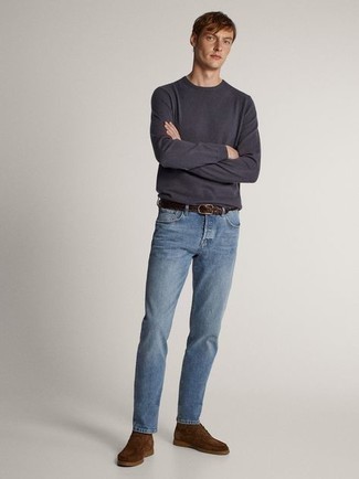 Men's Charcoal Long Sleeve T-Shirt, Blue Jeans, Brown Suede Desert Boots, Dark Brown Woven Leather Belt