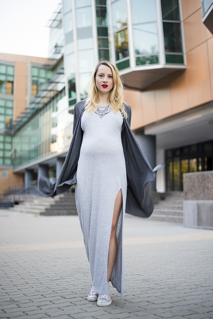 Women's Charcoal Open Cardigan, Grey Slit Maxi Dress, White High Top  Sneakers, Silver Embellished Necklace | Lookastic