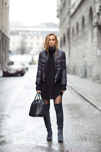 Women's Black Leather Tote Bag, Charcoal Suede Over The Knee Boots, Black Knit Sweater Dress, Black Puffer Jacket