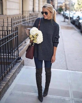 Charcoal Knit Oversized Sweater Outfits: 