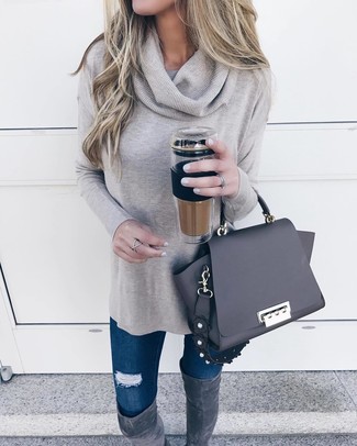 Women's Black Leather Satchel Bag, Charcoal Suede Over The Knee Boots, Navy Ripped Skinny Jeans, Grey Cowl-neck Sweater