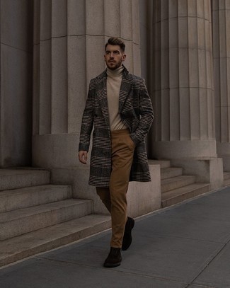 Grey Plaid Overcoat Outfits: This pairing of a grey plaid overcoat and khaki chinos is the perfect base for an outfit. Our favorite of a countless number of ways to complement this look is with a pair of dark brown suede casual boots.