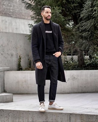 Men's Charcoal Overcoat, Black and White Print Sweatshirt, Charcoal Jeans, White Leather Low Top Sneakers