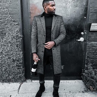Black Ripped Skinny Jeans Outfits For Men: If you love laid-back combinations, then you'll like this combination of a charcoal overcoat and black ripped skinny jeans. On the fence about how to finish off this look? Finish off with a pair of black suede chelsea boots to kick it up a notch.