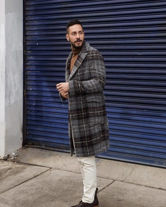 Men's Charcoal Plaid Overcoat, Brown Turtleneck, White Jeans, Dark Brown Leather Casual Boots