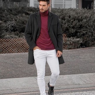 White Skinny Jeans Outfits For Men: This casual combo of a charcoal overcoat and white skinny jeans is a winning option when you need to look casually cool but have zero time. A pair of black leather derby shoes instantly amps up the wow factor of this outfit.