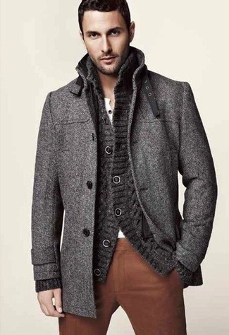 Men's Charcoal Overcoat, Charcoal Knit Cardigan, White Henley Shirt, Brown Chinos