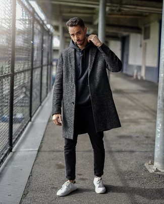 Charcoal Hoodie Outfits For Men: You'll be surprised at how easy it is for any gentleman to put together this laid-back look. Just a charcoal hoodie combined with black jeans. The whole ensemble comes together perfectly when you grab a pair of white canvas low top sneakers.