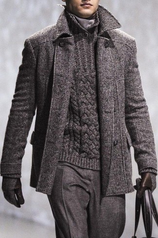Men's Charcoal Plaid Overcoat, Charcoal Knit Shawl-Neck Sweater, Charcoal Wool Dress Pants, Charcoal Wool Gloves