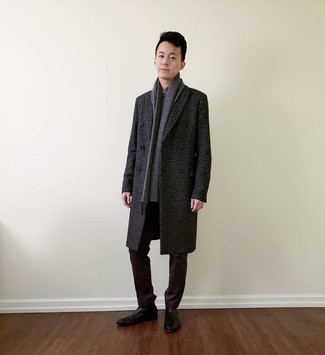 Charcoal Scarf Outfits For Men: This relaxed combo of a charcoal overcoat and a charcoal scarf is a safe bet when you need to look stylish in a flash. To add a little depth to your getup, introduce a pair of black leather chelsea boots to the equation.