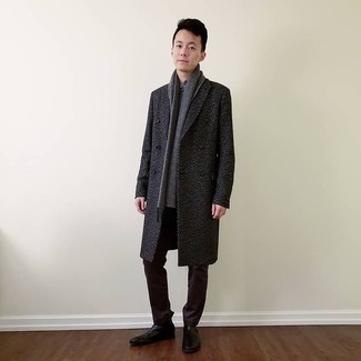 Men's Charcoal Overcoat, Dark Brown Chinos, Dark Brown Leather Chelsea Boots, Charcoal Scarf