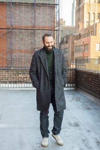Men's Charcoal Overcoat, Dark Green Turtleneck, Charcoal Jeans, White Leather Low Top Sneakers
