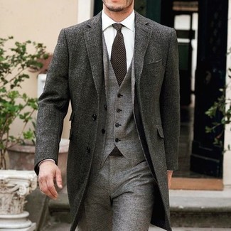 Grey Wool Suit Chill Weather Outfits: You'll be surprised at how easy it is to get dressed this way. Just a grey wool suit and a charcoal overcoat.