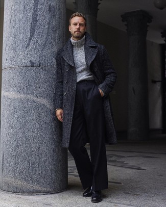 Black Dress Pants Outfits For Men: Go for something classic and timeless in a charcoal herringbone overcoat and black dress pants. The whole outfit comes together brilliantly if you complete this getup with a pair of black leather loafers.
