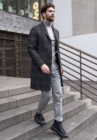 Grey Plaid Overcoat Outfits: Exhibit your sartorial game by wearing a grey plaid overcoat and grey chinos. Complete this look with black leather casual boots and ta-da: this ensemble is complete.