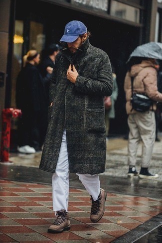 Men's Charcoal Plaid Overcoat, White Jeans, Brown Leather Work Boots, Blue Baseball Cap