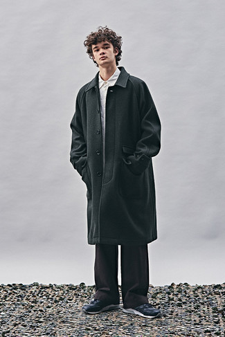 Charcoal Overcoat Outfits: Inject casual elegance into your current collection with a charcoal overcoat and dark brown chinos. Complete your outfit with black and white athletic shoes to make the outfit current.