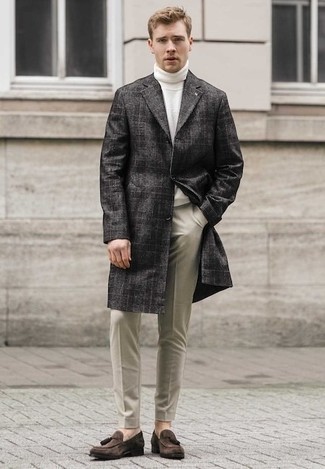 Men's Charcoal Plaid Overcoat, White Wool Turtleneck, Beige Chinos, Dark Brown Suede Tassel Loafers