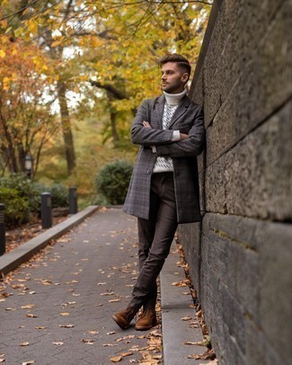 Men's Charcoal Plaid Overcoat, White Print Turtleneck, Dark Brown Chinos, Brown Suede Casual Boots