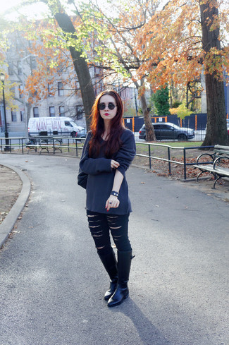 Women's Charcoal Oversized Sweater, Black Ripped Skinny Jeans, Black Leather Knee High Boots, Black Leather Crossbody Bag
