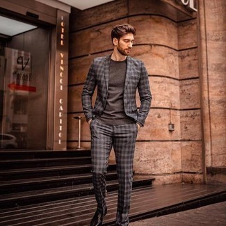 Dark Brown Long Sleeve T-Shirt Outfits For Men: This pairing of a dark brown long sleeve t-shirt and a charcoal plaid suit is a real lifesaver when you need to look seriously stylish but have no time. Feeling experimental today? Mix things up a bit by wearing a pair of dark brown leather oxford shoes.