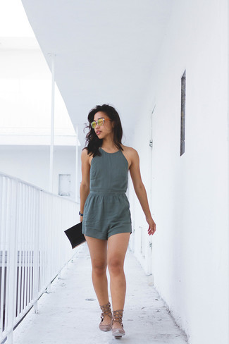 Black Leather Clutch Outfits: You'll be surprised at how easy it is to get dressed this way. Just a charcoal playsuit and a black leather clutch. When in doubt as to the footwear, complete this ensemble with a pair of grey leather gladiator sandals.