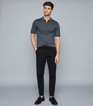 Charcoal Polo Outfits For Men: Why not rock a charcoal polo with black chinos? These two items are totally practical and will look good together. Our favorite of a countless number of ways to finish this ensemble is with a pair of black leather loafers.