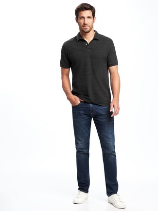 Men's Charcoal Polo, Navy Jeans, White Leather Low Top Sneakers