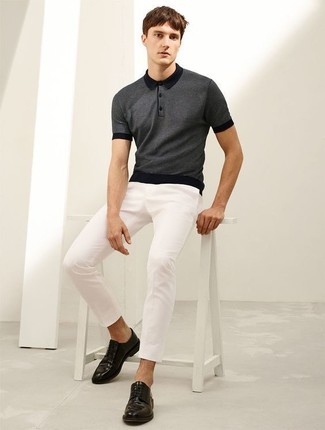 Charcoal Polo Outfits For Men: To pull together a relaxed menswear style with a twist, you can always rely on a charcoal polo and white chinos. Tap into some Ryan Gosling stylishness and smarten up your outfit with black leather derby shoes.