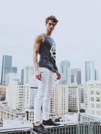 Charcoal Print Tank Outfits For Men: Try teaming a charcoal print tank with white skinny jeans for an easy-to-create ensemble. For a smarter take, why not complete your ensemble with black leather oxford shoes?