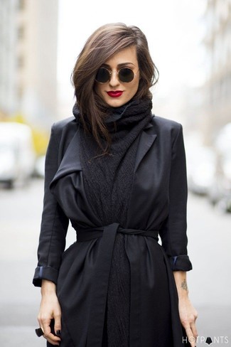 Women's Charcoal Shawl, Black Coat, Black Sunglasses