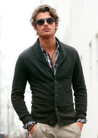 Cotton Shawl Cardigan Sweater Button Up Charcoal