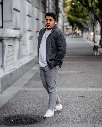 Charcoal Knit Cardigan Outfits For Men: Who said you can't make a stylish statement with a casual look? Make ladies go weak in the knees in a charcoal knit cardigan and grey check chinos. Complete this outfit with white canvas low top sneakers and the whole outfit will come together.
