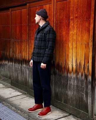 Men's Charcoal Plaid Wool Shirt Jacket, Navy Chinos, Red Leather Casual Boots, Navy Beanie