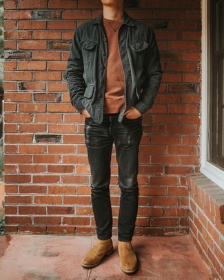 Orange Sweatshirt Outfits For Men: An orange sweatshirt and black ripped jeans are a good ensemble to integrate into your casual styling repertoire. For maximum fashion points, grab a pair of brown suede chelsea boots.