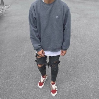 Men's Red and White Canvas Low Top Sneakers, Charcoal Ripped Skinny Jeans, White Tank, Grey Sweatshirt